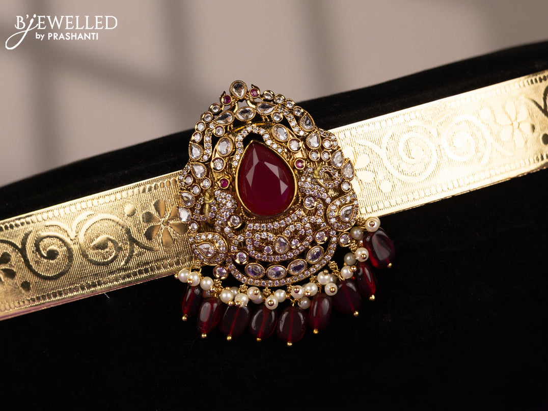 Antique self embossed hip belt with ruby & cz stones and pearl & pink beads hangings