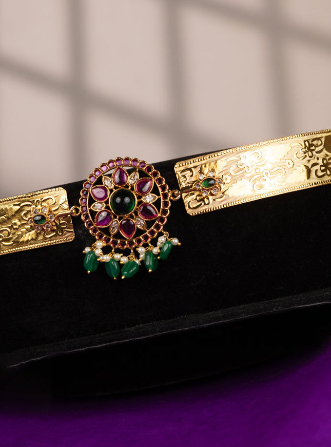 Antique self embossed hip belt with kemp & kundan stones and pearl & green  beads hangings