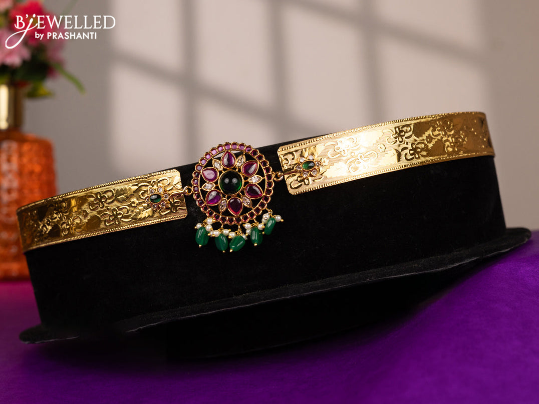 Antique self embossed hip belt with kemp & kundan stones and pearl & green  beads hangings