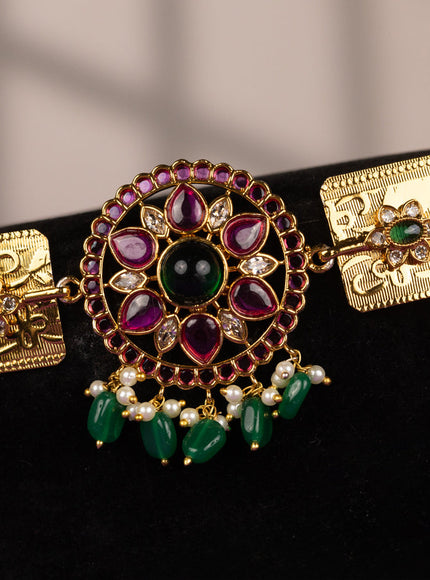 Antique self embossed hip belt with kemp & kundan stones and pearl & pink beads hangings