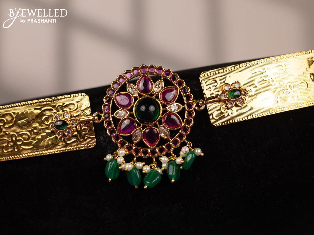 Antique self embossed hip belt with kemp & kundan stones and pearl & green  beads hangings