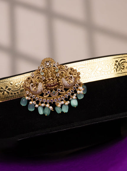 Antique self embossed hip belt lakshmi design with mint green & cz stones and mint green beads hangings