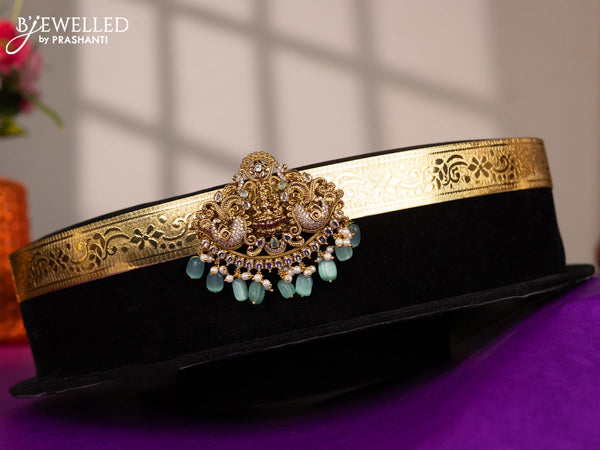 Antique self embossed hip belt lakshmi design with mint green & cz stones and mint green beads hangings