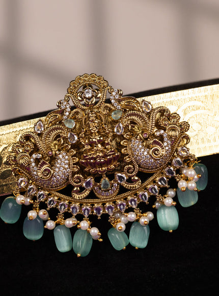 Antique self embossed hip belt lakshmi design with mint green & cz stones and mint green beads hangings