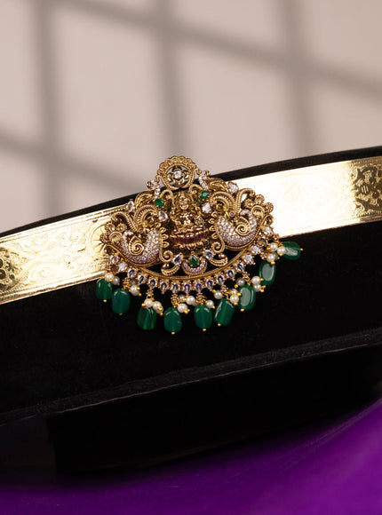Antique self embossed hip belt lakshmi design with emerald & cz stones and green beads hangings