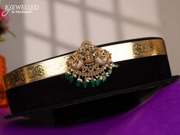 Antique self embossed hip belt lakshmi design with emerald & cz stones and green beads hangings