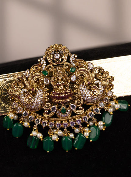 Antique self embossed hip belt lakshmi design with emerald & cz stones and green beads hangings