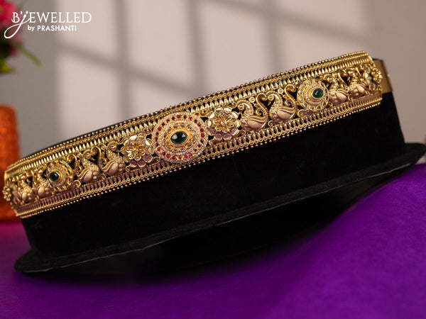 Antique self embossed hip belt peacock design with kemp & cz stones