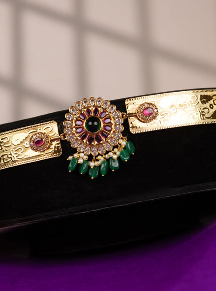 Antique self embossed hip belt with kemp & kundan stones and pearl & green beads hangings