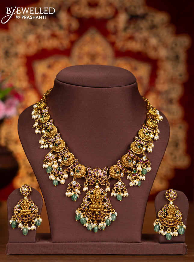 Antique necklace lakshmi pendant with kemp & kundan stones and pearl & mint green beads hangings