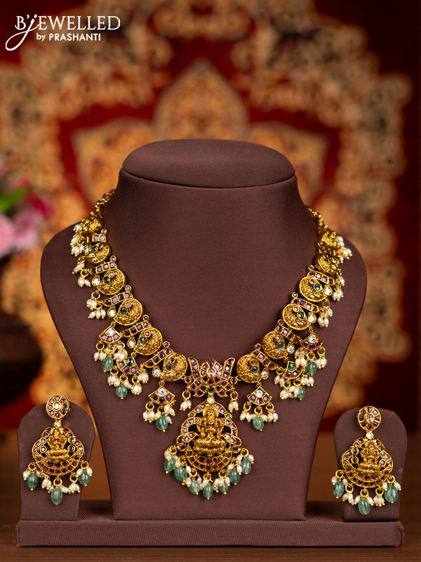 Antique necklace lakshmi pendant with kemp & kundan stones and pearl & mint green beads hangings
