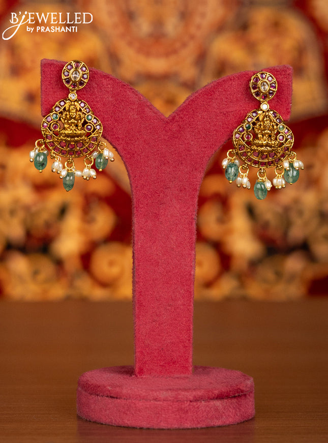 Antique necklace lakshmi pendant with kemp & kundan stones and pearl & mint green beads hangings