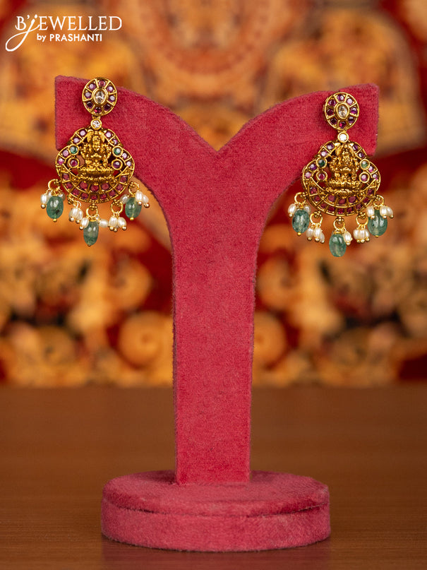 Antique necklace lakshmi pendant with kemp & kundan stones and pearl & mint green beads hangings