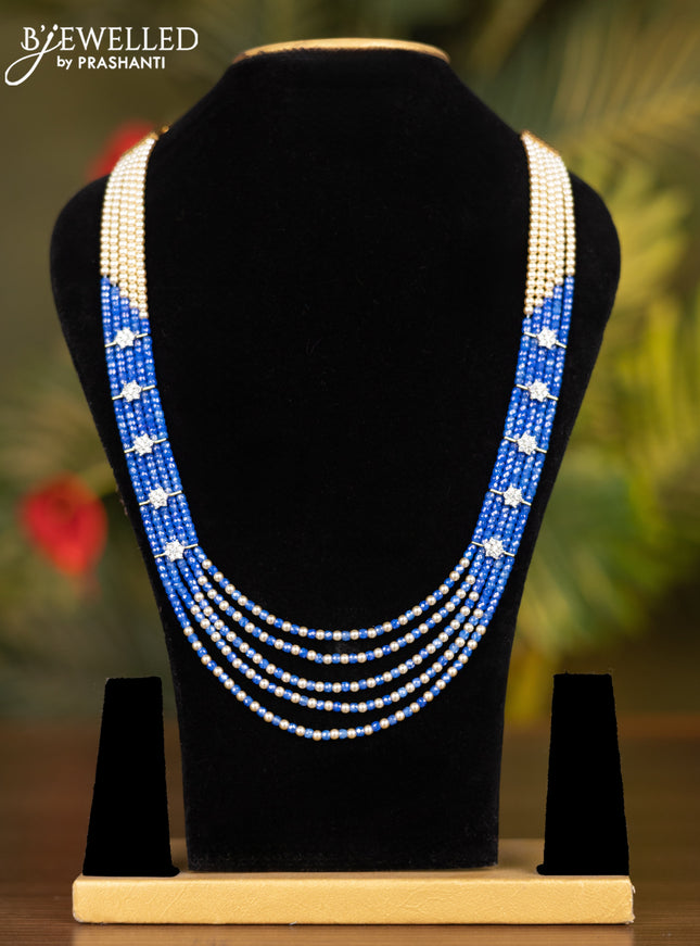 Beaded multilayer blue necklace with cz stones side pendant without earrings