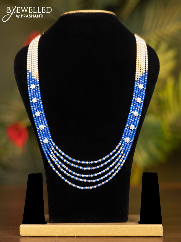 Beaded multilayer blue necklace with cz stones side pendant without earrings