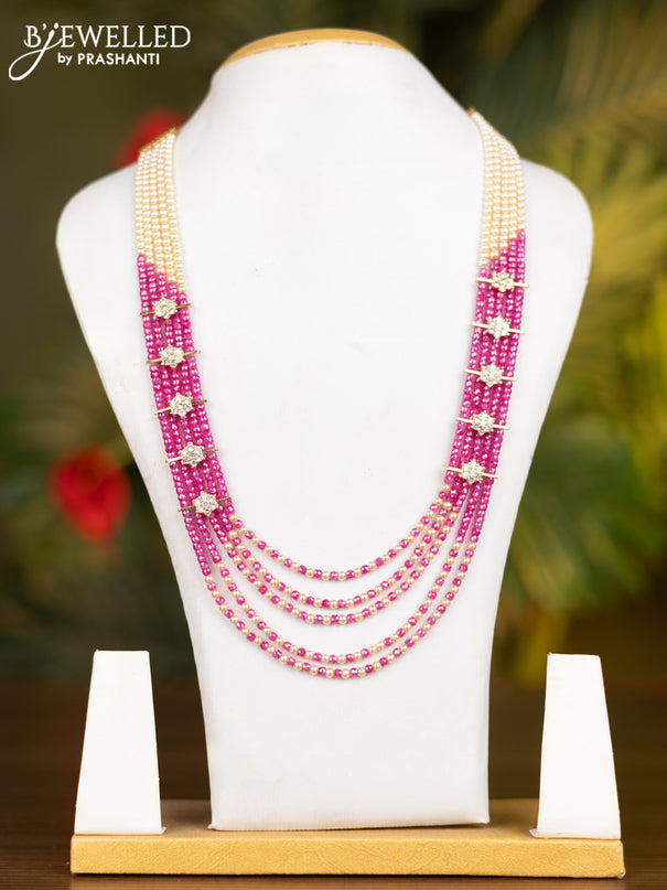 Beaded multilayer pink necklace with cz stones side pendant without earrings