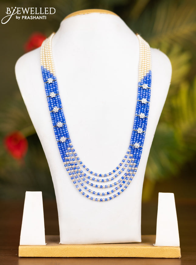 Beaded multilayer blue necklace with cz stones side pendant without earrings