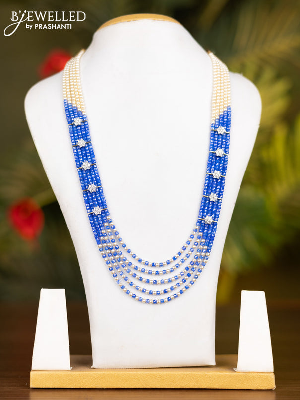 Beaded multilayer blue necklace with cz stones side pendant without earrings