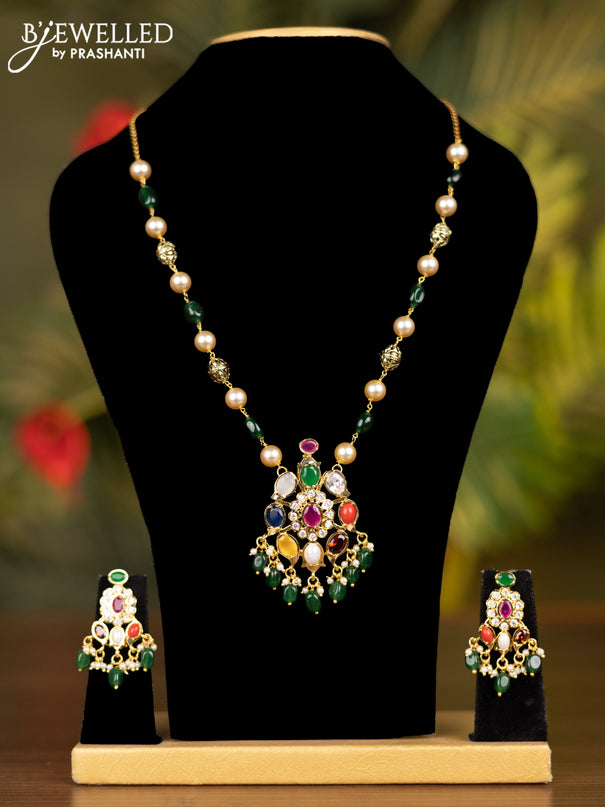 Beaded necklace with multicolour & cz stones and green beads hangings