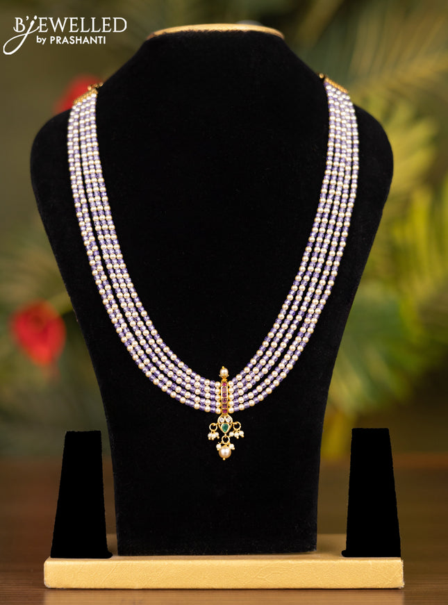 Beaded multilayer lavender necklace with kemp & cz stones and pearl hangings without earrings