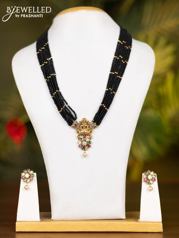 Beaded multilayer black necklace lakshmi pendant with kemp & kundan stones and pearl hanging