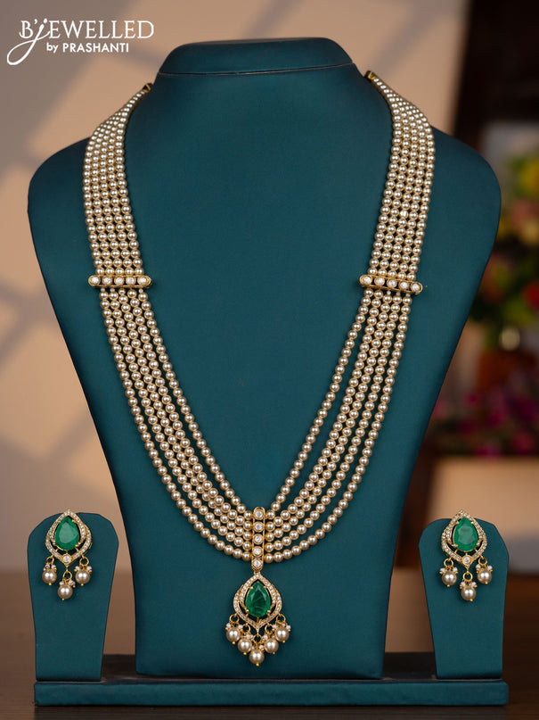 Pearl multilayer necklace with emerald & kundan cz stones and pearl hangings