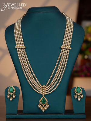 Pearl multilayer necklace with emerald & kundan cz stones and pearl hangings