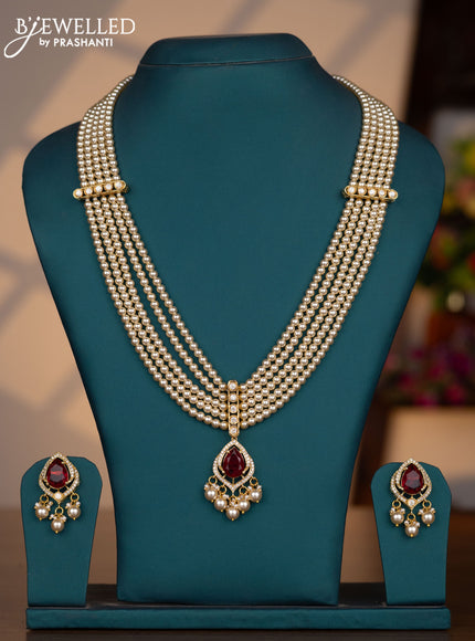 Pearl multilayer necklace with ruby & kundan cz stones and pearl hangings
