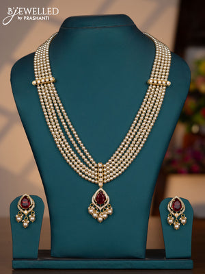 Pearl multilayer necklace with ruby & kundan cz stones and pearl hangings