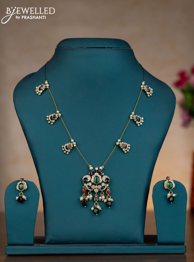 Invisible chain with multicolour & cz stones and pearl & green beads hangings