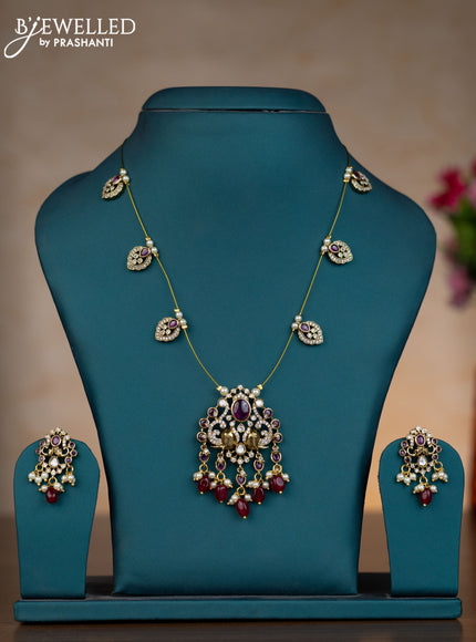 Invisible chain elephant design with ruby & cz stones and pearl & pink beads hangings