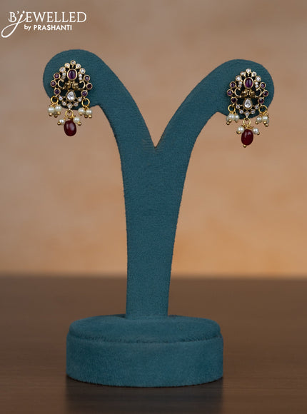 Invisible chain elephant design with ruby & cz stones and pearl & pink beads hangings