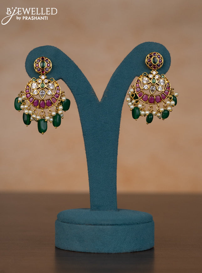 Invisible chain chandbali design with kemp & kundan stones and pearl & green beads hangings