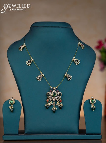 Invisible chain with multicolour & cz stones and pearl & green beads hangings