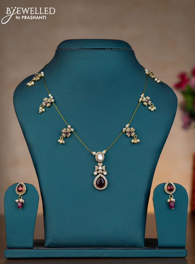 Invisible chain floral design with ruby & kundan cz stones and pearl hangings