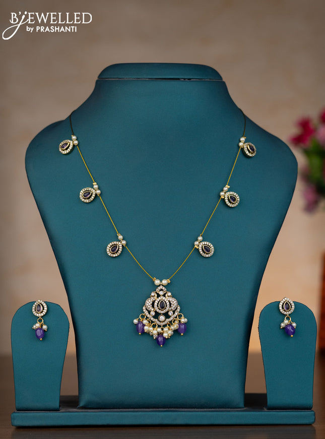 Invisible chain with violet & cz stones and pearl & beads hangings