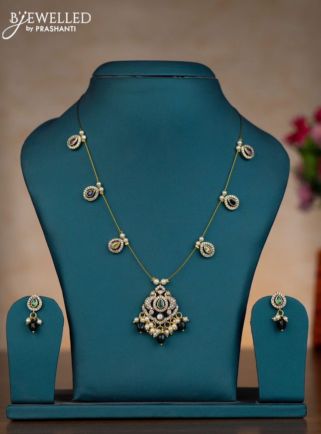 Invisible chain with multicolour & cz stones and pearl & green beads hangings