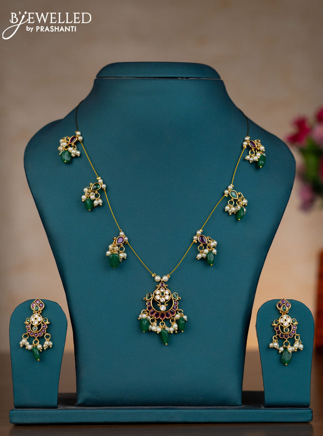 Invisible chain with kemp & cz stones and pearl & green beads hangings