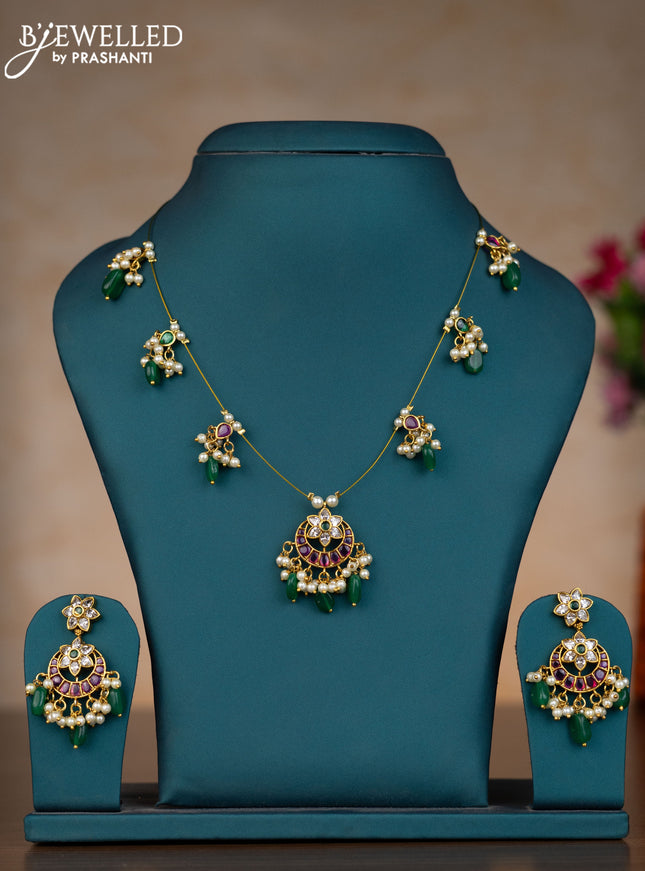 Invisible chain chandbali design with kemp & kundan stones and pearl & green beads hangings