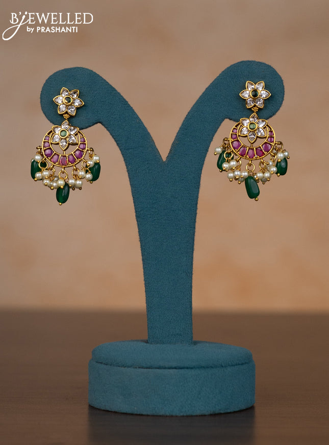 Invisible chain chandbali design with kemp & kundan stones and pearl & green beads hangings