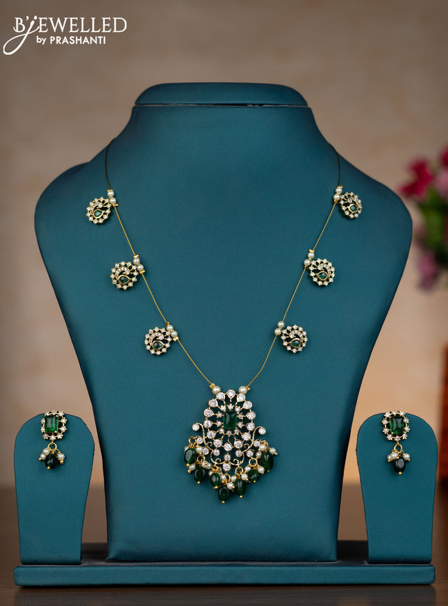 Invisible chain with emerald & kundan stones and pearl & green beads hangings