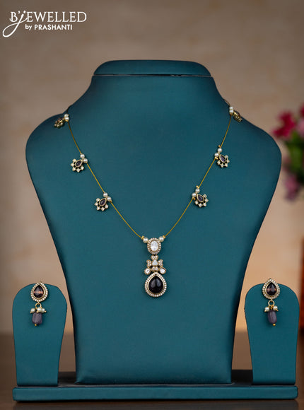 Invisible chain floral design with purple & kundan cz stones and pearl hangings