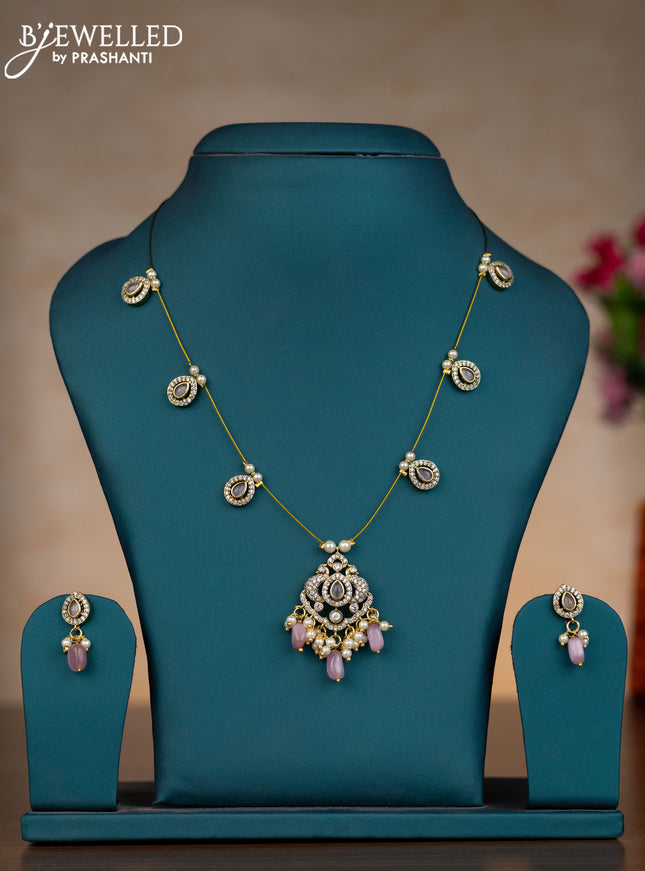Invisible chain with baby pink & cz stones and pearl & beads hangings