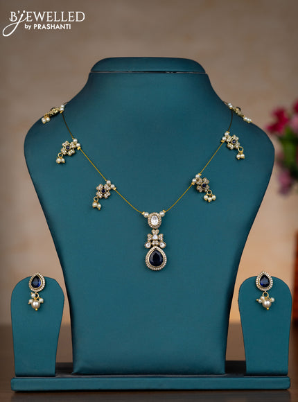 Invisible chain floral design with sapphire & kundan cz stones and pearl hangings