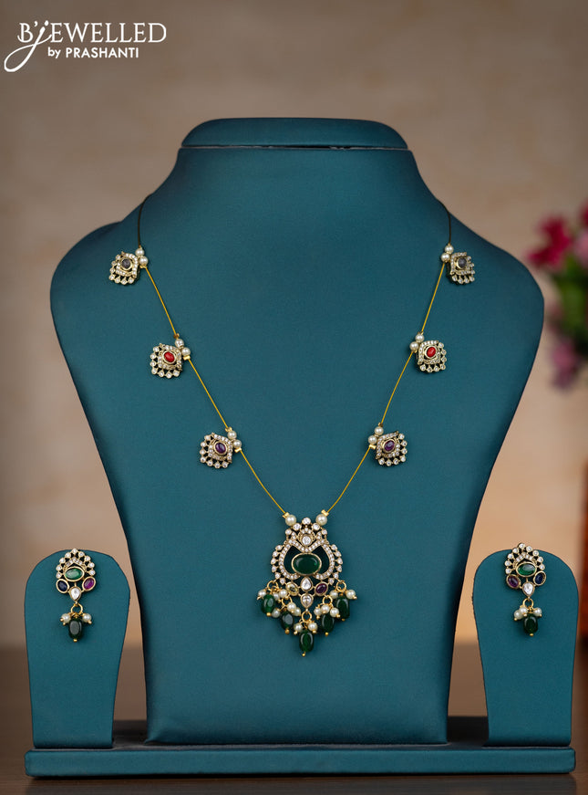 Invisible chain with multicolour & cz stones and pearl & green beads hangings