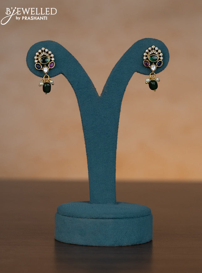 Invisible chain with multicolour & cz stones and pearl & green beads hangings