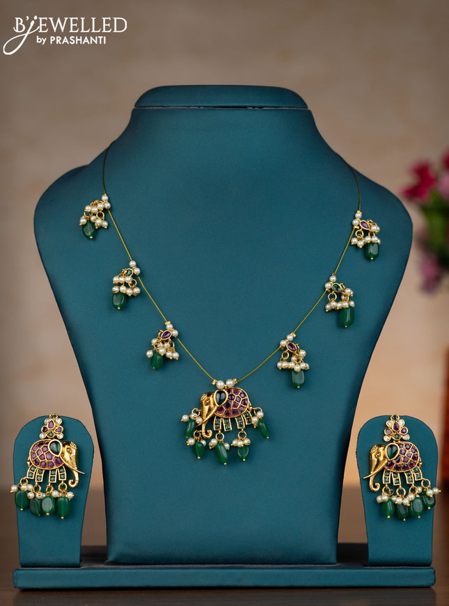 Invisible chain elephant design with kemp stones and pearl & green beads hangings
