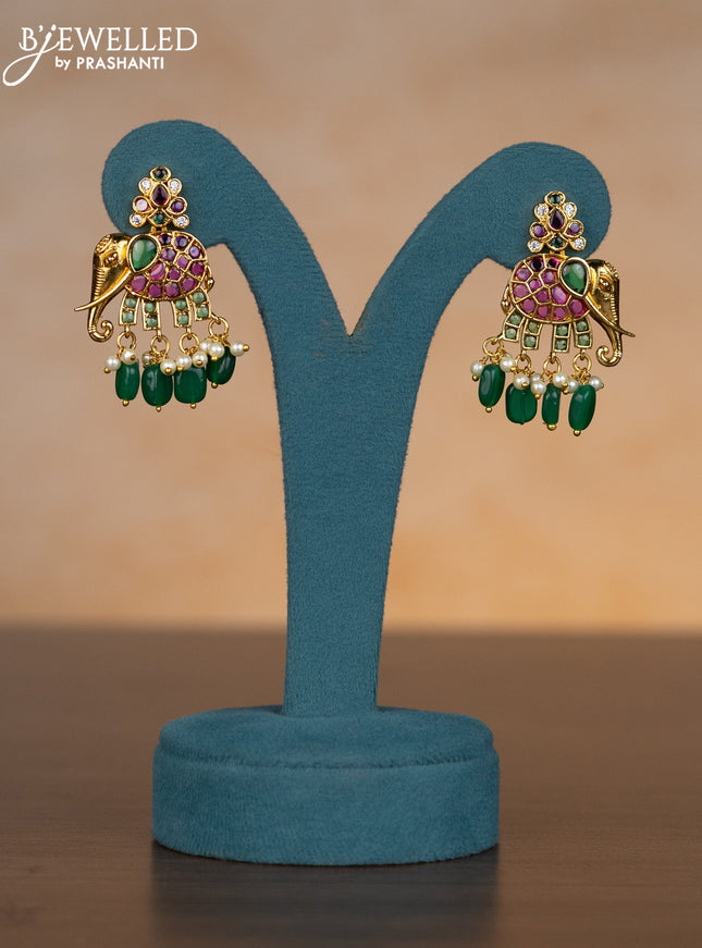 Invisible chain elephant design with kemp stones and pearl & green beads hangings