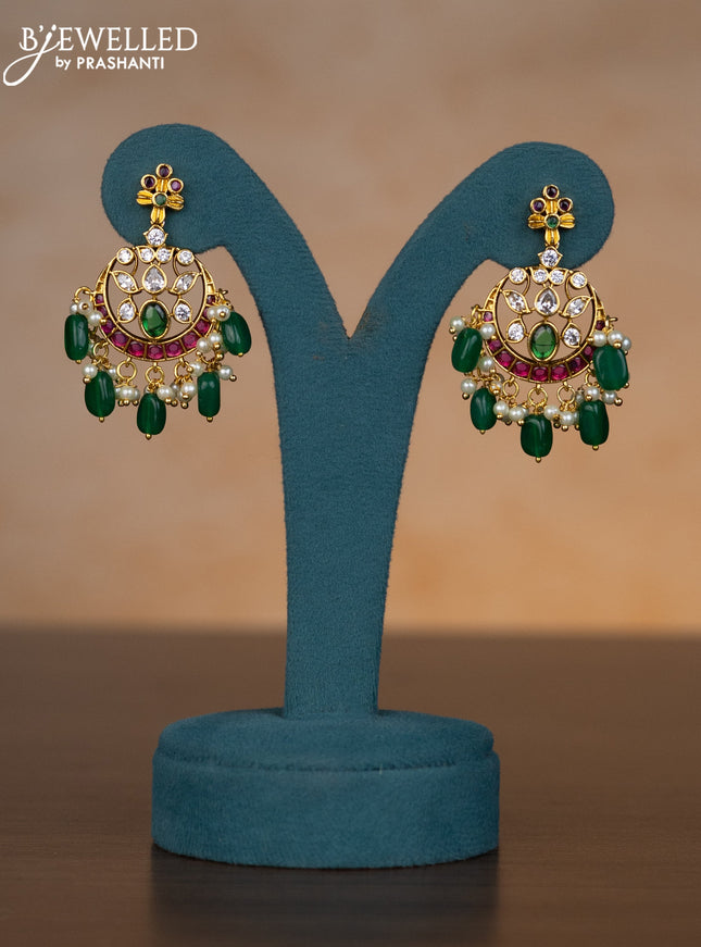 Invisible chain chandbali design with kemp & kundan stones and pearl & green beads hangings