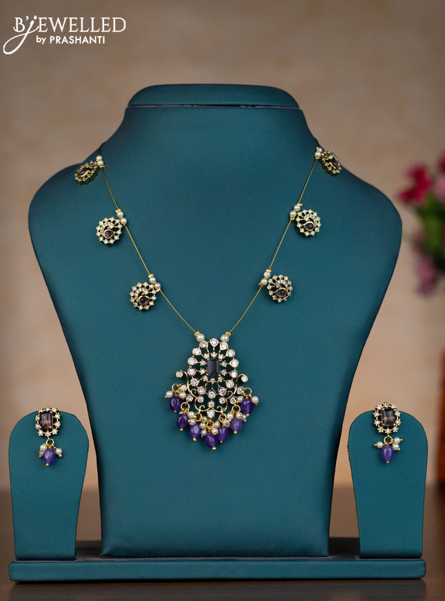 Invisible chain with purple & kundan stones and pearl & beads hangings
